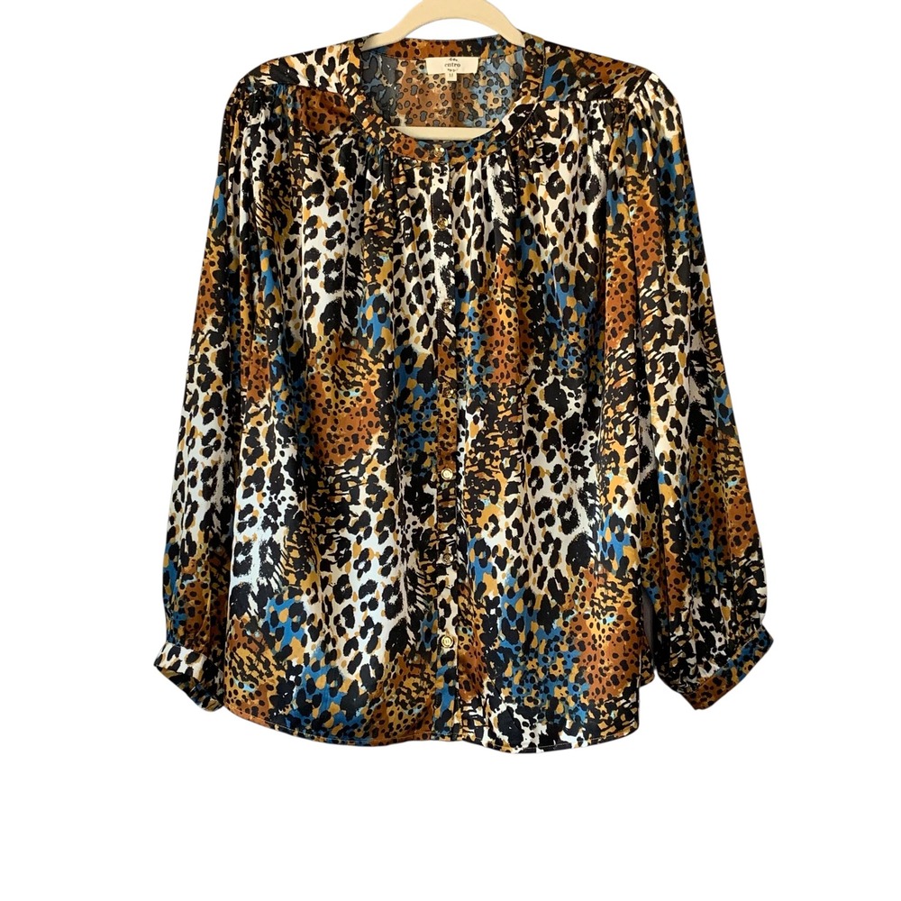 Entro Women's Satin Leopard Print Blouse Button Down Long‎ Sleeve Top  Size M